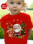 Cute Cartoon Santa Claus & Reindeer & Christmas Tree Graphic Print Tee Girls Casual & Trendy Cotton T-shirt For Spring & Summer Girls Comfy