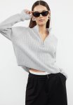 Zippered Crop Stand Collar Knitwear Sweater - Grey