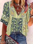 Floral Print V Neck T-Shirt Boho Half Sleeve Top For Spring & Summer Women's Clothing