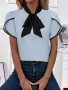 Color Block Tie Neck Blouse Elegant Petal Sleeve Blouse For Spring & Summer Women's Clothing