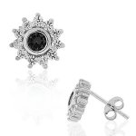 925 Sterling Silver Black Cz Womens Flower Floral Design Stud Earrings