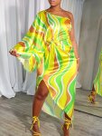 Plus Size Colorblock Irregular Stripe Print Dress Casual One Shoulder Long Sleeve Slit Dress For Spring & Summer Women's Plus Si