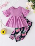 Toddler Girls Playsuit Flared Sleeve Top + Sunflowers Print Pants Kids Clothes Fall Spring