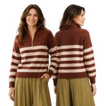 Zip Up Wool Blend Jersey Brick rose