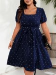 Plus Size Polka Dot Print Belted Dress Vacation Style Short Sleeve Square Neck Dress For Spring & Summer Women's Plus Size Cloth