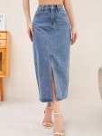 Blue Split Front Denim Midi Skirt Slant Pockets Non-stretch Casual Denim Skirt Women's Denim Clothing