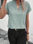 Solid Color Notched Neck Blouse Casual Short Sleeve Blouse For Spring & Summer Women's Clothing