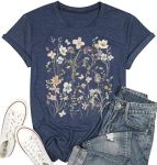 Women's Vintage Flowers Shirt Casual Boho Floral Printed T-Shirt Sunflower Wildflowers Graphic Tees Tops For Girl Z-a-navy L