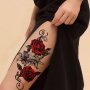 2-PACK Floral Temporary Tattoos - Red Rose And Lily Design With Swirl Accents Water-resistant Fake Tattoo Stickers For Body Art