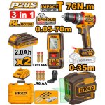 Ingco 3PC Combo Kit Impact Drill + Laser Distance Measure + Self-levelling Line Laser COSLI250511