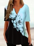 Floral Print Color Block Top Vintage Notched Neck Short Sleeve Top Women's Clothing