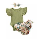 Olive Ribbed Romper With Floral Bloomer And Headband
