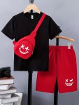 3PCS Boy's Smile Face Print Short Sleeve Casual T-shirts & Shorts & Backpack Set Comfy Soft Stretchable Outfits Children's Cloth