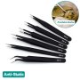 6pcs ESD Anti-Static Stainless Steel Tweezers - Precision Maintenance & Industrial Repair Curved Tools For Home Working & Model Making