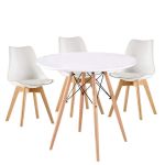 Modern Wooden Round Dining Table With 3 Set Of Soft Padded Chairs Set-white