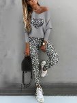 Leopard Print Casual Pantsuits Long Sleeve V Neck Top & Elastic Waist Skinny Pants Outfits Women's Clothing