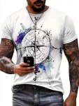 Men's Summer Fashion T-Shirt Retro Style Compass And Paint Mark Pattern Crew Neck Short Sleeve Tee Chic And Trendy Tops For Outd