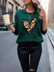 Women's Casual Pullover Sweatshirt Round Neck Leopard Print Heart Design Sporty Style Long Sleeve Relaxed Fit Streetwear Top