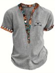 Men's Ethnic Style Animal Skull And Geometric Pattern Short Sleeve Henley Shirt Casual And Trendy Pure Cotton Tops For Summer Ou