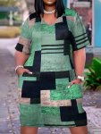 Plus Size Geometric Print Pocket Dress Casual Short Sleeve Dress For Spring & Summer Women's Plus Size Clothing