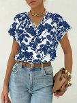 V Neck Floral Print Blouse Casual Short Sleeve Blouse For Spring & Summer Women's Clothing