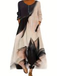 Plus Size Casual Dress Women's Plus Floral Print Long Sleeve Button Decor Round Neck Slight Stretch Dress