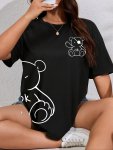 Teddy Bear Print Casual T-Shirt Crew Neck Short Sleeve Top For Spring & Summer Women's Clothing