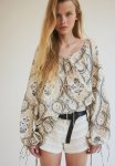 Drawstring-detail Blouse - Beige & Patterned