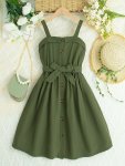 Girls Summer Fashion Dress Sleeveless Regular Fit With Belt Casual Outing Youthful Style Solid Color Thick Straps With Front But