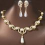 Dangle Earrings + Necklace Elegant Jewelry Set 18K Gold Plated Inlaid Faux Pearl Engagement Wedding Jewelry Evening Party Decor