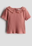 Collared Rib-knit Top - Light Rust Red