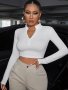 Solid Color Mock Neck Crop T-Shirt Casual Long Sleeve Zipper Front T-Shirt For Spring & Summer Women's Clothing