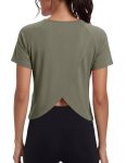 Quenteen Crop Workout Tops For Women Crew Neck Tops Athleitc Gym Exercise Sports Yoga Shirts Army Green Large