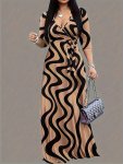 Striped Pattern V-neck Belted Dress Elegant Half Sleeve Ruffle Hem Maxi Dress For Spring & Fall Women's Clothing