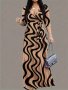 Striped Pattern V-neck Belted Dress Elegant Half Sleeve Ruffle Hem Maxi Dress For Spring & Fall Women's Clothing