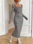 Striped Pattern Square Neck Slim Dress Elegant Long Sleeve Bodycon Maxi Dress For Spring & Fall Women's Clothing