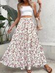 Floral Print A-line Skirt Elegant Elastic High Waist Skirt For Spring & Summer Women's Clothing