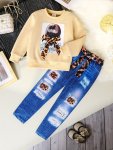 2 Pcs Elegant Headband Portrait Pattern Long Sleeve Sweatshirt Top + Leggings Girl's Set Comfy Casual Spring fall Outfit Clothes