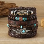 Vintage Style Pu Leather Bracelet Set - 6 Piece Bohemian Turquoise Feather & Coconut Shell Charm Stackable Handwoven Wristbands