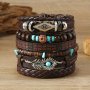 Vintage Style PU Leather Bracelet Set - 6 Piece Bohemian Turquoise Feather & Coconut Shell Charm Stackable Handwoven Wristbands
