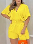 Plus Size Shirring Solid Romper Casual Short Sleeve V Neck Romper Women's Plus Sizeclothing