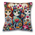 Boho Chic Cat Print Plush Pillow Cover 44.96CM X 44.96CM - Perfect For Living Room Bedroom Decor Machine Washable With Zip Closu