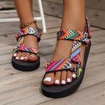 Women's Summer Flat Sandals Tribal Pattern Open Toe Summer Shoes Casual Lightweight Outdoor Beach Sandals