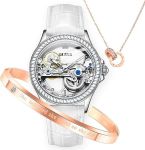Women's White Leather Strap Skeleton Watch Set