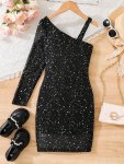 Girls Shiny Sequins One Shoulder Dress Tight-fitting Stretch Bodycon Dresses