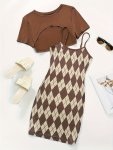 Chic Geo Print Slim Dress Set Crew Neck Short Sleeve Crop T-Shirt Backless Slim Cami Dress Outfits Women's Clothing