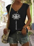 Lotus Print V Neck Tank Top Cap Sleeve Casual Top For Summer & Spring Women's Clothing