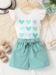 Blue Hearts Pattern 2PCS SET Girls Ruffle Sleeve Tee + Shorts Co-ords Set Cute Fashion Girl's Spring Summer Outfit