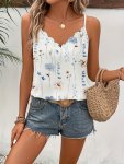 Floral Print Scallop Trim Cami Top Vintage V-neck Spaghetti Strap Top For Summer Women's Clothing