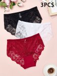 3PCS Women's Sexy Panties Set Plus Size Contrast Lace High Rise Scalloped Trim Breathable Briefs